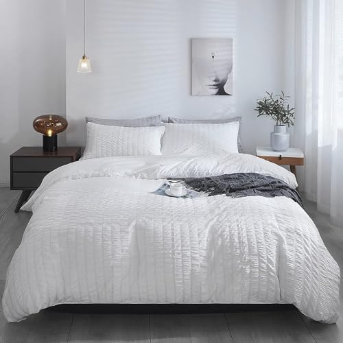 Seersucker Bedding Set King Bed Duvet Cover Sets 100% Cotton White Waffle Quilt Covers with Pillowcases