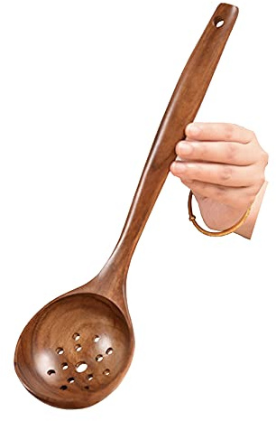 UPTALY Passoire en Bois à Long Manche (35cm x 9.5cm), passoire en Teck Naturel avec poignée audacieuse, louche en Bois pour la Cuisson, ustensile de Cuisine pour poêle antiadhésive