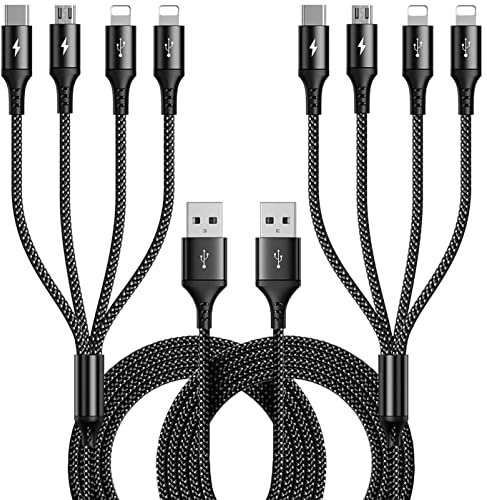 RULUS Multi Charging Cable [2Pack 4Ft] Multiple Charger Cable Braided Multi Charging Cord 4 in 1 Fast Charger Cord with IP/Type C/Micro USB Port for Cell Phones,IP,Samsung,Huawei,LG,Pixel,Tablets,PS