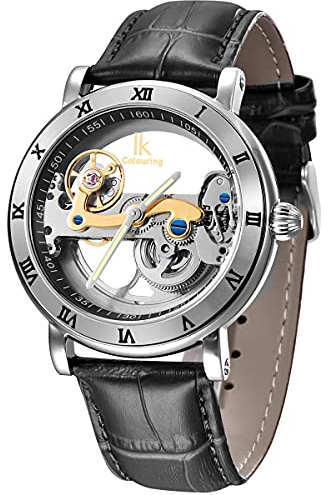 Alienwork IK Orologio Automatico Uomo Donna Argento Bracciale in Cuoio Nero Scheletro Fondo in Vetro