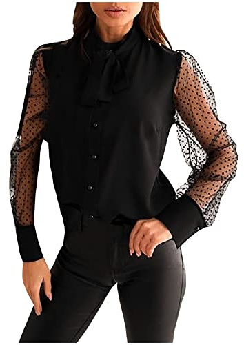 Blusa da donna elegante da business, camicetta in chiffon, girocollo, a maniche lunghe, tinta unita, a vestibilità sciolta, trasparente, in mesh, per grandi taglie, con fiocco, per autunno e primavera