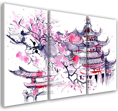 Feeby 3-teilig Vlies Leinwandbild XXL 120x80 cm Blühender Kirschbaum Pagode Japan Wandbild Kunst Bilder Schlafzimmer Deko Wohnzimmer Osten Orientalisch Asien Rosa
