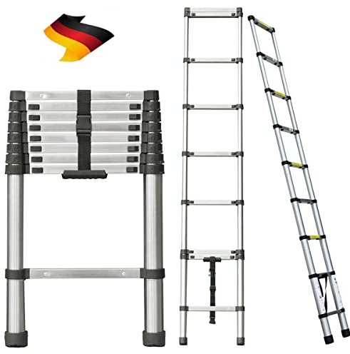2.6m Teleskopleiter aus hochwertigem Edelstahl, 9 Stufen Ausziehleiter Rutschfester Klappleiter Stehleiter Mehrzweckleiter | Belastbarkeit bis zu 150kg | Sicher und zuverlässig Leiter (EN131)