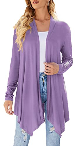 Damen Strickjacke mit Drapierung vorne, offen, lässig, langärmelig, leicht, Cardigan, Pullover, Staubwedel, Flieder, X-Large