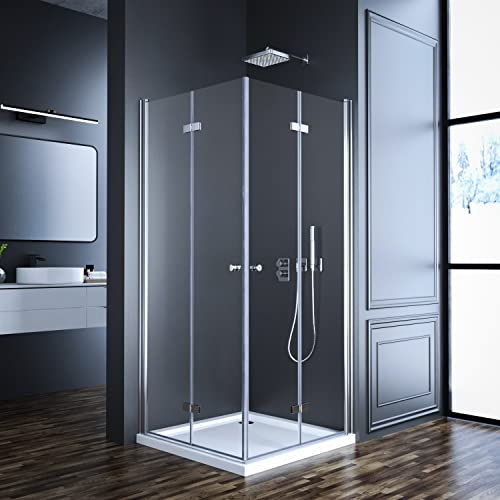 Goezes Duschkabine Eckeinstieg, Duschkabine 75x75cm Eckeinstieg Falttür Drehfalttür Falttürkabine 6 mm Sicherheitsglas Doppel Duschtür Höhe 185cm, LINKS & RECHTS MONTIERBAR