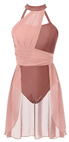 HULIJA Vestido de ballet para mujer, vestido de danza, cuello halter, vestido de patinaje artístico con falda asimétrica de gasa, traje de ballet, maillot moderno y lírico, albaricoque, M