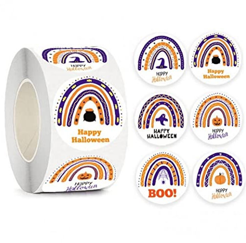 Fopytu Halloween Aufkleber Rolle, 500 Stück Runde Happy Halloween Selbstklebende Aufkleber für Partytüten Karten umhüllen Halloween Party Dekoration