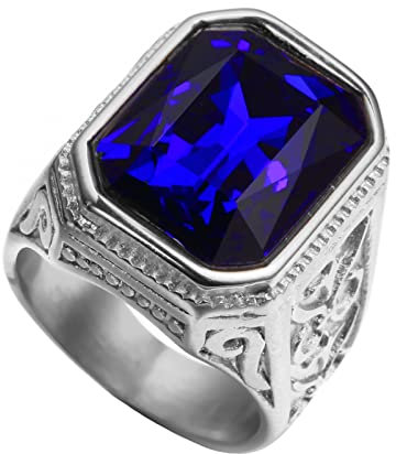 HIJONES Herren Kristall Stein Ring aus Edelstahl Promise Retro Statement Big Square Edelsteinbanda Silber Navy Blau Größe 57