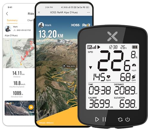 XOSS G+ Gen2 GPS Bike Computer ANT+/ Bluetooth IPX7 Waterproof Cycling Computer Rechargeable Bicycle Speedometer Odometer with 2.2 inch LCD Screen, 28 hrs Long Battery Life Fits All Bikes