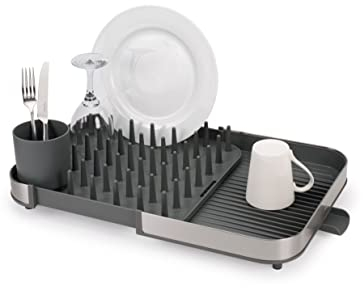 Joseph Joseph Duo Escurreplatos Extensible sobre Fregadero, Escurridor Platos de Cocina con Soporte para Utensilios y Caño De Drenaje, Acero Inoxidable, Gris