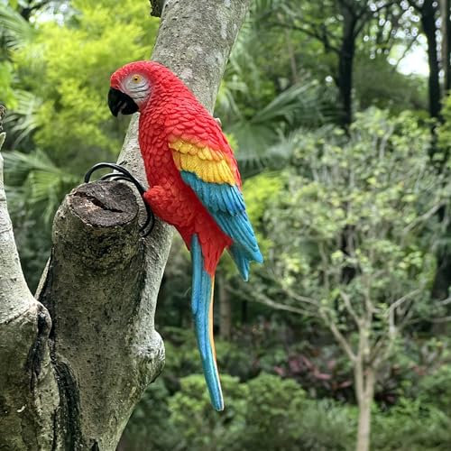 Handsider Escultura realista de loro colgante de resina, loros de jardín, estatuas de pájaros realistas, adorno de paisaje, patio, césped, figura de árbol, estatuas de pared de jardín al aire libre