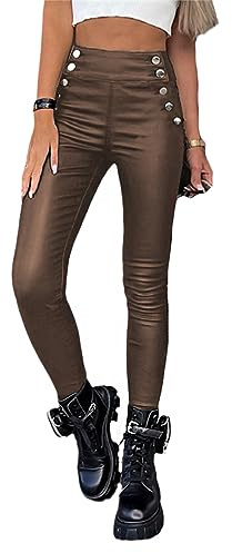 tinetill Pantaloni di Pelle Donna Leggings in Pelle PU Collant a Vita Alta Pantaloni Skinny Slim Fit in Ecopelle con Bottoni Pantaloni Aderenti Pantaloni Lunghi a Matita Streetwear