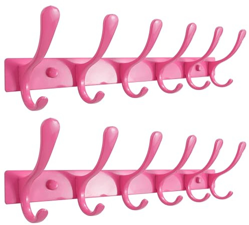 SKOLOO Kleiderhaken wand - 6 Haken, Garderobenleiste Edelstahl(2 Stück), Garderobenhaken Schwere, Metall Hakenleiste, Stabile Hakenleiste zum Aufhängen von Mantel, Jacke, Kleidung, Hut(Rosa)