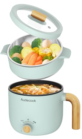 Audecook Olla Eléctrica con Vaporera, 1,5L Mini Olla Multifuncional Portátil, SartéN EléCtrica de Viaje con Doble Control de Potencia para Fideos Ramen/Pasta/Huevos/Sopa/Avena