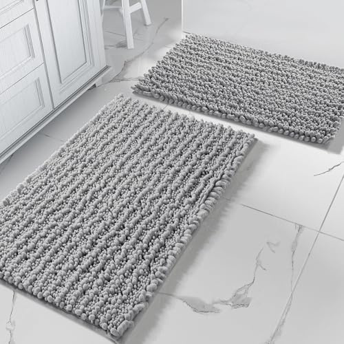 Yimobra Badezimmerteppich Set 2 Teilig, Chenille, rutschfeste Badematte - Luxuriöser Komfort für Ihr Badezimmer, 51 x81 + 43 x 61 cm, Grau