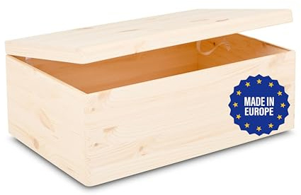 Pinus Holzkiste mit Deckel 60x40x23 cm Klappverschluss ohne Griffe | Kiefernholz Sperrholz, staubgeschützt, für Fotos Deko Basteln, stapelbar, glatt geschliffen, stabile Aufbewahrung