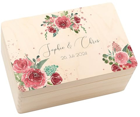 Geschenkfreude Erinnerungsbox individuell - Hochzeitsgeschenk Holz personalisiert - 30x20x14cm - UV-Druck - Geschenkbox Hochzeit - Hochzeitsgeschenke für Brautpaar - Geschenke zur Hochzeit Floral 2
