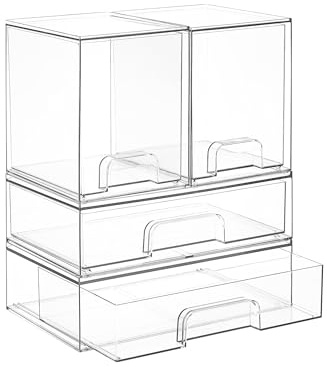 Vtopmart Clear Stackable Storage Drawers Set of 4, Plastic Organizer Bins for Makeup, Cosmetics, Beauty Supplies,Ideal for Vanity, Bathroom,Cabinet,Pantry Organization