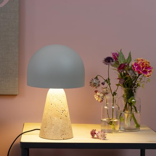 Lightbox Pilz-Tischlampe Travertin-Stein, E14 Lampe | Tischleuchte fürs Wohnzimmer, Schlafzimmer und die Fensterbank, hochwertige Naturstein-Leuchte