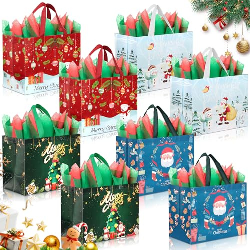 Powmag 8 Stück Geschenktüten Weihnachten Groß, Multifunktionale Weihnachtstaschen Weihnachtstüten, 32,5 × 25 × 17 cm Non Woven weihnachtsgeschenktüten, Weihnachts Geschenktüten, Partyzubehör(B)