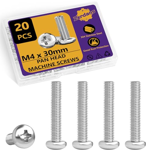 ZerDans 20Pcs M4x30mm Phillips Pan Head Machine Screws Kit 304 SS for DIY | Full Thread, Anti-Rust & Anti-Corrosion, For Furniture Repair, Electronics & 3D Printer Small Models, Storage Case Included