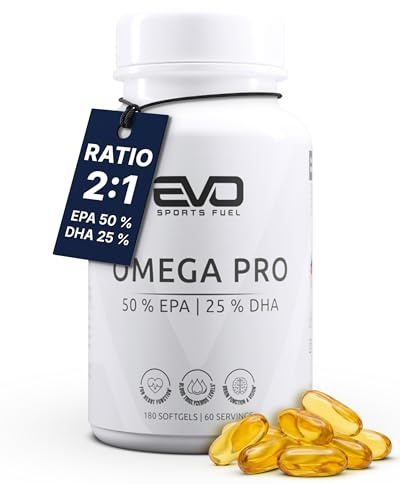 Omega 3 Pro - 50% EPA & 25% DHA - 2250mg Premium Fischöl pro Tagesdosis mit 1500mg EPA und 750mg DHA in Triglycerid-Form - Jeder Batch laborgeprüft - EVO SPORTS FUEL Made in Germany - 180 Kapseln
