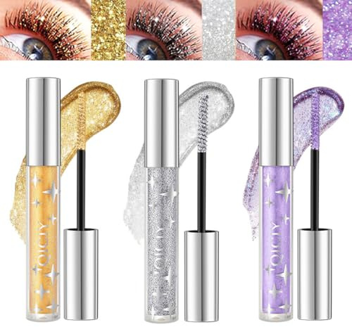 Pakivs Glitter Skimmer Färgad Mascara för Ögonfransar - 3 Färger Diamant, Hållbar Vattentät Pärlemor, Snabbtorkande Gnistrande Ögonmakeup för Cosplay och Fest
