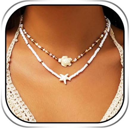 Handcess Collier de perles bohèmes avec étoiles de mer blanches superposées, collier tortue de plage pour femme, taille unique, perles, pas une pierre précieuse