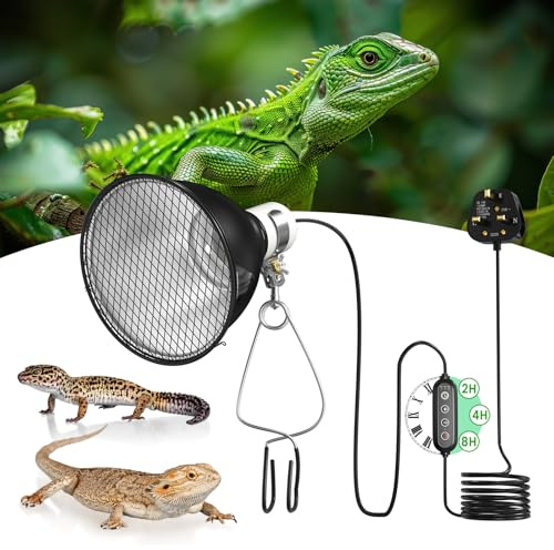 GlowUp Reptile Heat Lamp Holder with Cycle Timer&Dimmer, E27 100W 5.5 Inch Dimmable Reptile Heat Lamp Holder Dome with Gaurd Basking Lamp Holder for Tortoise, for UVA UVB,Infrared Heat Bulbs (NO Bulb)