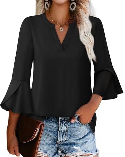 Gaharu Summer Work Tops Women: 3/4 Sleeve Wrinkle Free Chiffon Blouses for Business Casual - Fashion Office Professional Shirts Black L