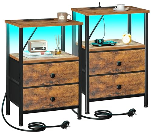 AMHANCIBLE Night Stand Set 2, LED Nightstand with Charging Station, End Tables with Storage Shelf, Bedside Table with 2 Fabric Drawers for Bedroom, Small Spaces UHETS02PBR