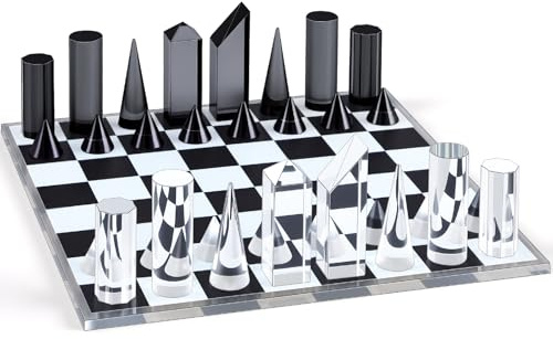VioraWhite Acrylic Chess Set, 11.8 x 11.8 Inch Large Modern Table Chess Game Board for Adults | Geometric Pieces, Black White Transparent Design, Table Game and Decor, Clear Acrylic Material, Large Size Board