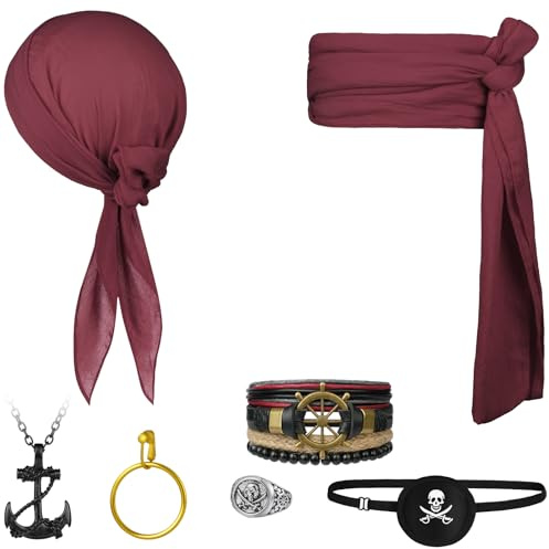 Alaoo Kit Accessori Pirata,7pcs Capitano Pirata Costume Accessori, Bordeaux