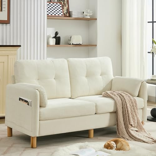 WUTUTUEE 65 Chenille Loveseat Sofa, Modern 2-Seater Love Seat Couch with Armrest Pillows, Storage Pockets, Easy Assembly, Upholstered Tufted Loveseat Sofa Couches for Living Room Bedroom, Beige