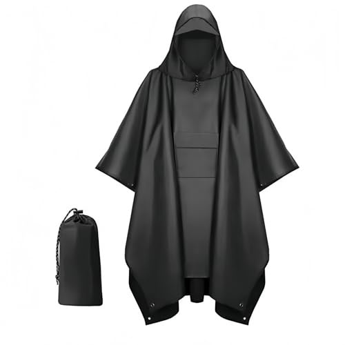 Poncho Waterproof Adult, 3-in-1 reusable Rain Poncho Adult Waterproof with Hood, Thickened PU Waterproof Coating Raincoat, For Cycling, Hiking and Outdoor Activities (Black)