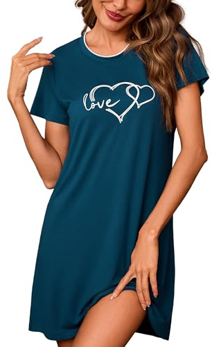 Leversic Camisón de Verano para Mujer con Estampado de Corazones Manga Corta Cuello Doble Vestido de Dormir S-XXL(Azul de Cobalto,XXL)