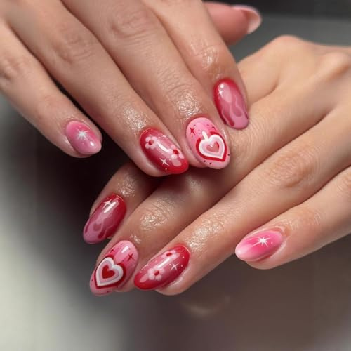 Valentines Day Press On Nail Short Almond Fake Nails Heart Flame With Gradient Design Flower False Nails Full Cover Glue On Nail Artificial Acrylic Stick On Nail For Women Manicure Decoration 24pcs