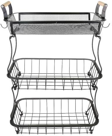 HUOLE Obstkorb mit und Bananenaufhängern, Arbeitsplattenregal für die Küche, einfache Installation, abnehmbar, ideale Obstschale und Gemüseregal37 x 22 x 55,5 cm (Schwarz)