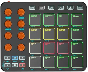 Horett Controller Midi Tastiera Midi Wireless 16 Pad RGB 6 Pulsanti Personalizzabili 8 Manopole Supporto per App Mobile per PC Ricaricabile Principianti (Nero)