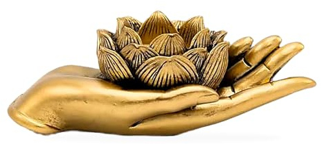 XdeliX Teelichthalter Hand mit Lotusblüte Gold Polyresin 16 x 8 x 5,5 cm | Für Standard-Teelichter, Symbol für Achtsamkeit und Harmonie, Ideal für Meditation, Yoga