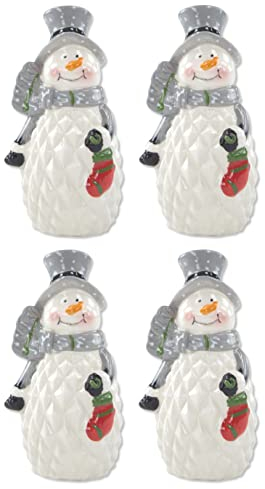 Keramik Figur Schneemann Grauer Hut 7,5 x 14cm Dekofigur Tisch Deko Weihnachtsdeko - 4 Stück