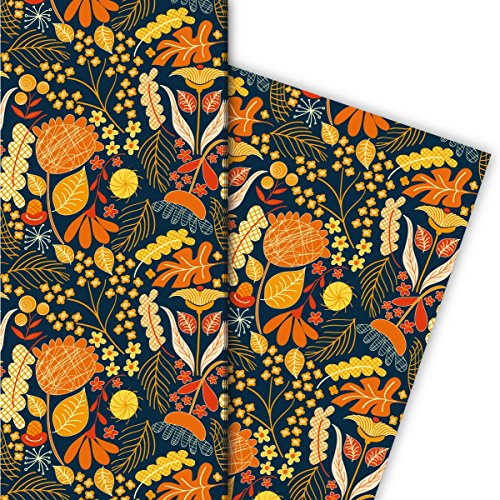 Schönes Herbst Geschenkpapier Set (4 Bogen), Dekorpapier, Papier zum Einpacken mit Blättern und Blüten, orange, für tolle Geschenk Verpackung und Überraschungen 32 x 48cm