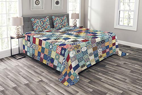 ABAKUHAUS marokkanisch Tagesdecke Set, Aufwändige Patchwork-Motiv, Set mit Kissenbezügen Waschbar, für Doppelbetten 264 x 220 cm,Dunkelblau Mehrfarbig