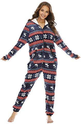 BERDITH jumpsuit, onesie för kvinnor, sovoverall jul med huva, träningsoverall, pyjamas, mysig pyjamas, långärmad sparkdräkt jul med dragkedja för kvinnor, flickor, Blå 01, XL