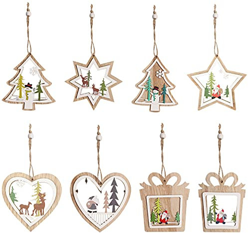 Belle Vous Weihnachtsbaum Anhänger Holz Deko Set (8 STK) - 8 Traditionelle Weihnachtsanhänger Holz Designs mit Laser Geschnittenen Waldszenen - Stern-, Herz-, Weihnachtsbaum- und Geschenkformen