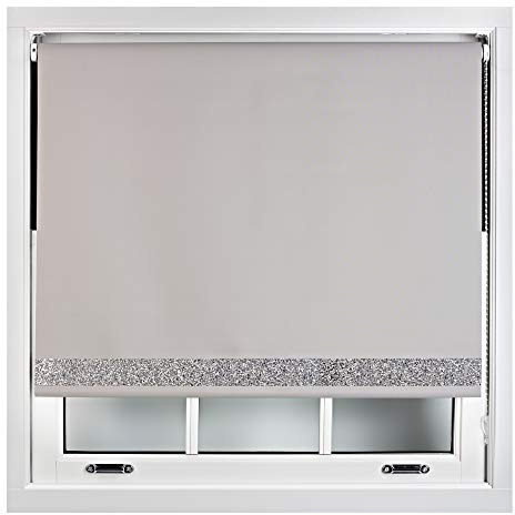 FURNISHED Blackout Roller Blinds With Glitter Edge - Trimmable Thermal UV Protection Fabric Easy Fit Sparkle Glitter Blind for Windows, Grey 50W x 165H cm