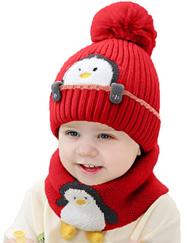 Rayson Bonnet Écharpe Set Hiver Enfant Bébé Tricoté 2 Pièces Garçon Fille Chaud Chapeau avec Pompon et Cercle Crochet Cache-Cou Ensemble(Rouge)