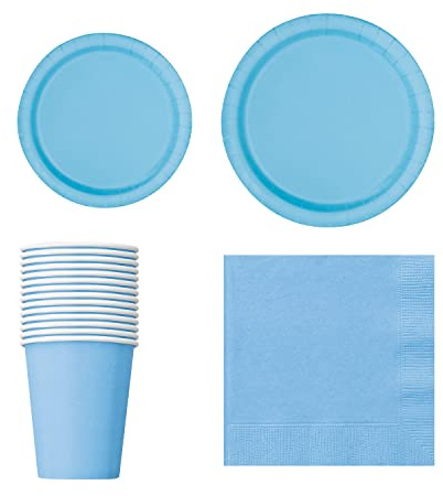 Ensemble de 70 pièces de vaisselle de fête jetables, 20 assiettes rondes de 17,8 cm, 16 assiettes de 22,9 cm, 14 tasses de 255,1 g, 20 serviettes pour mariages, anniversaires, bleu poudré