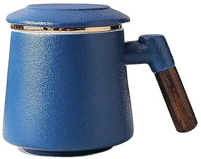 Jiaxu Copas Taza de té con Filtro de cerámica de 435ml con Tapa, Taza de separación de Agua de té, Taza de té de Oficina con Mango de Madera Tazas AGIPS (Color : Azul)