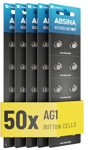 ABSINA AG1 LR621 knappcell 50-pack – 1,5 V alkaliska knappceller läckagesäker och med lång hållbarhet – LR60/SR60/1175S0/164/602/364/V30/SR621 – knappbatterier batteri
